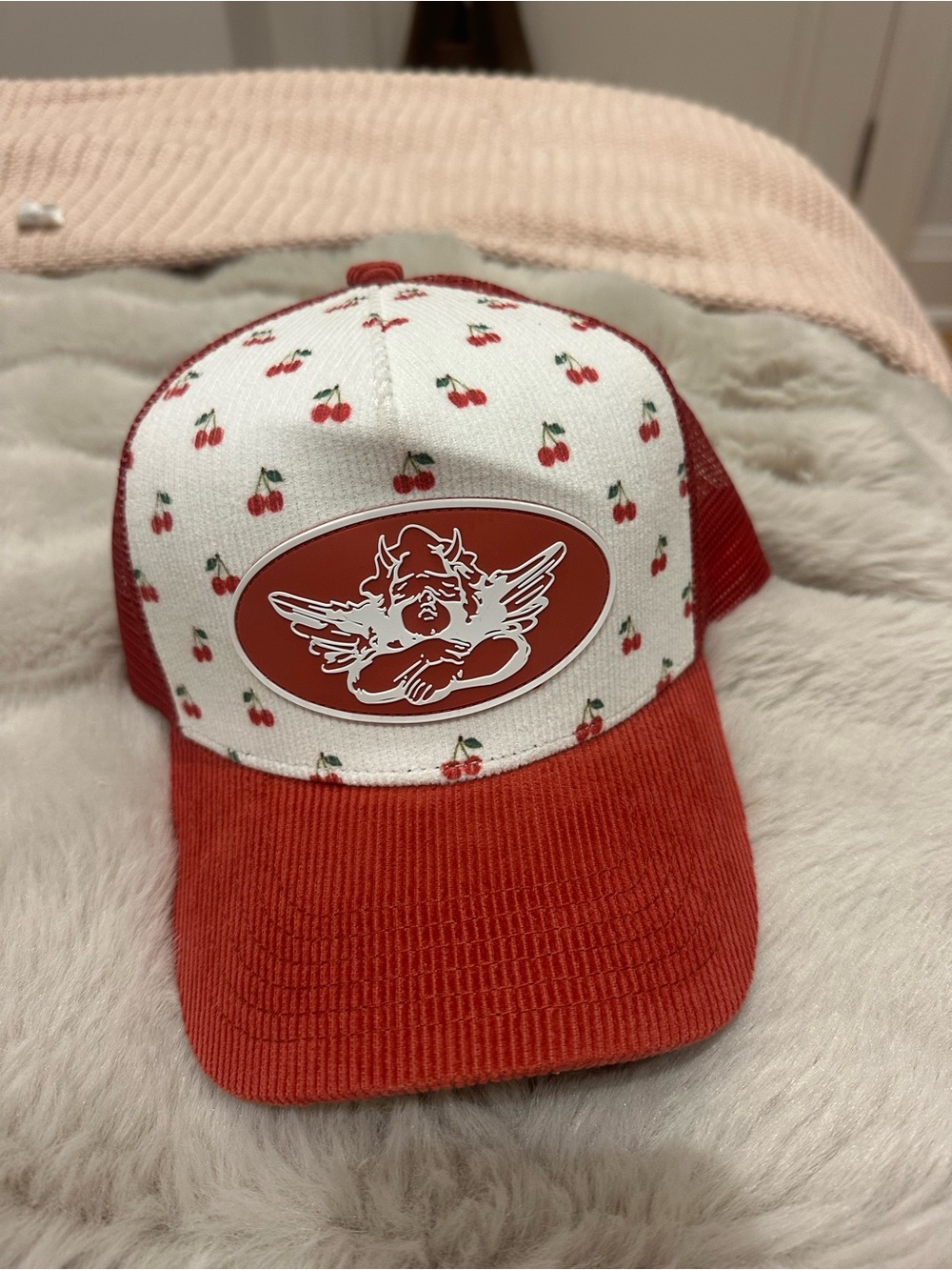 NEW boys lie Red Cherry Trucker Hat with Angel Patch